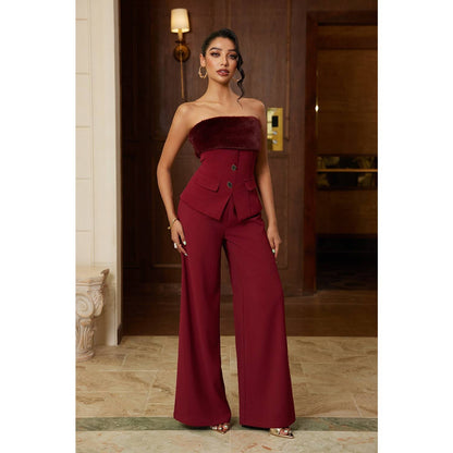 Faux Fur Strapless Top and Wide-Leg Tailored Pant Set