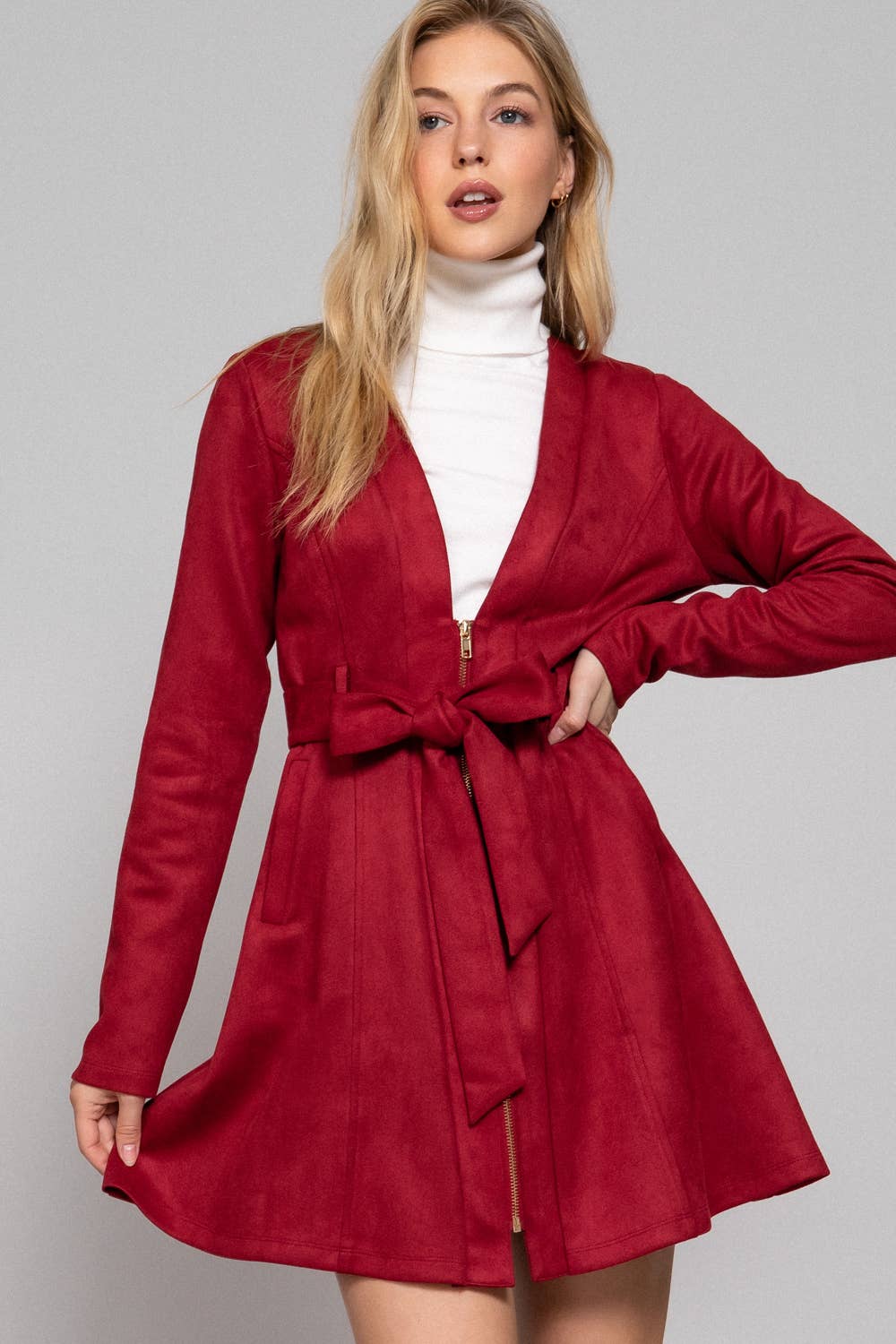 Briah V-Neck Zip-Up Belted Faux Suede Dress Jacket