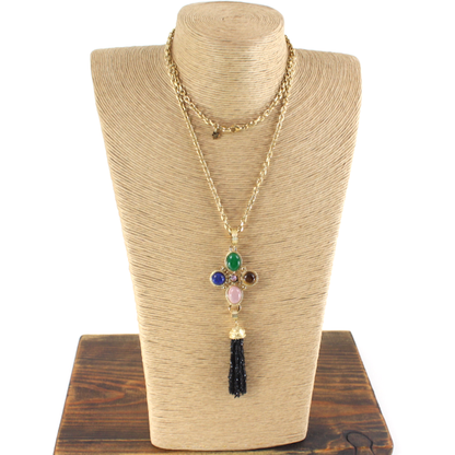N25260 Stone Pendant Beaded Tassel Stainless Steel Necklace