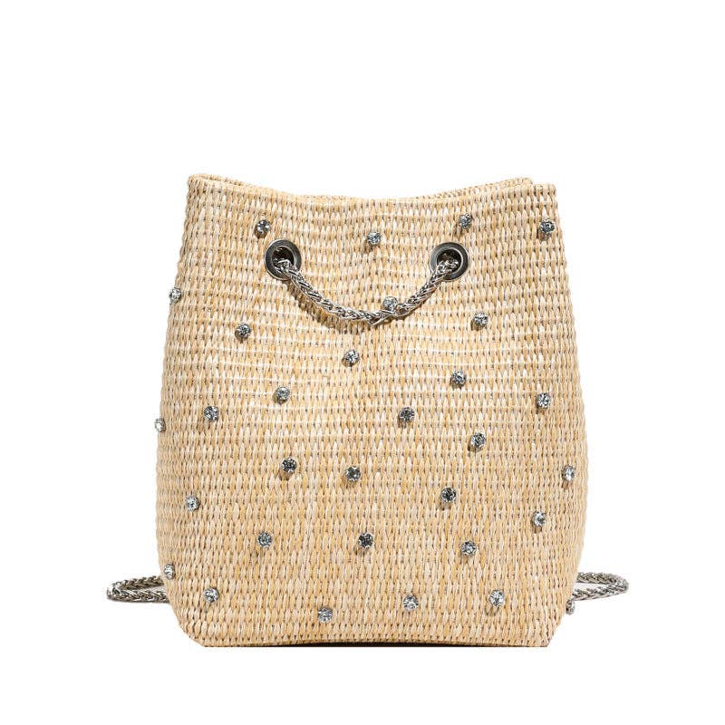 Mini Woven Bucket Bag with Pearl & Rhinestone Accents