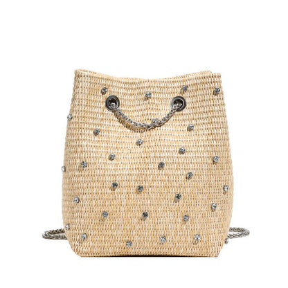 Mini Woven Bucket Bag with Pearl & Rhinestone Accents
