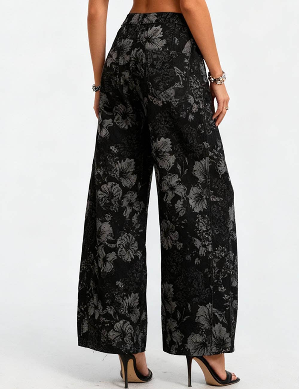 Ladies Vintage Denim Pants Floral Print Barrel Pants