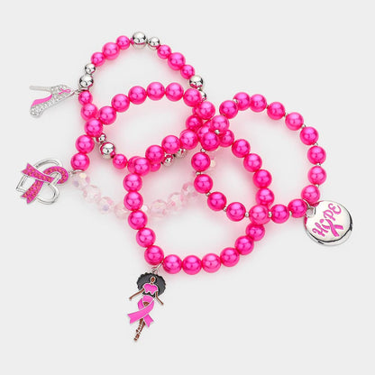 4PCS - Pink Ribbon Stiletto Heel Hope Message Afro Girl Charm Pearl Stretch Bracelets