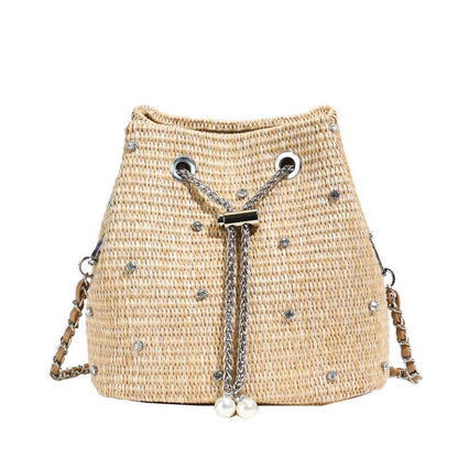 Mini Woven Bucket Bag with Pearl & Rhinestone Accents