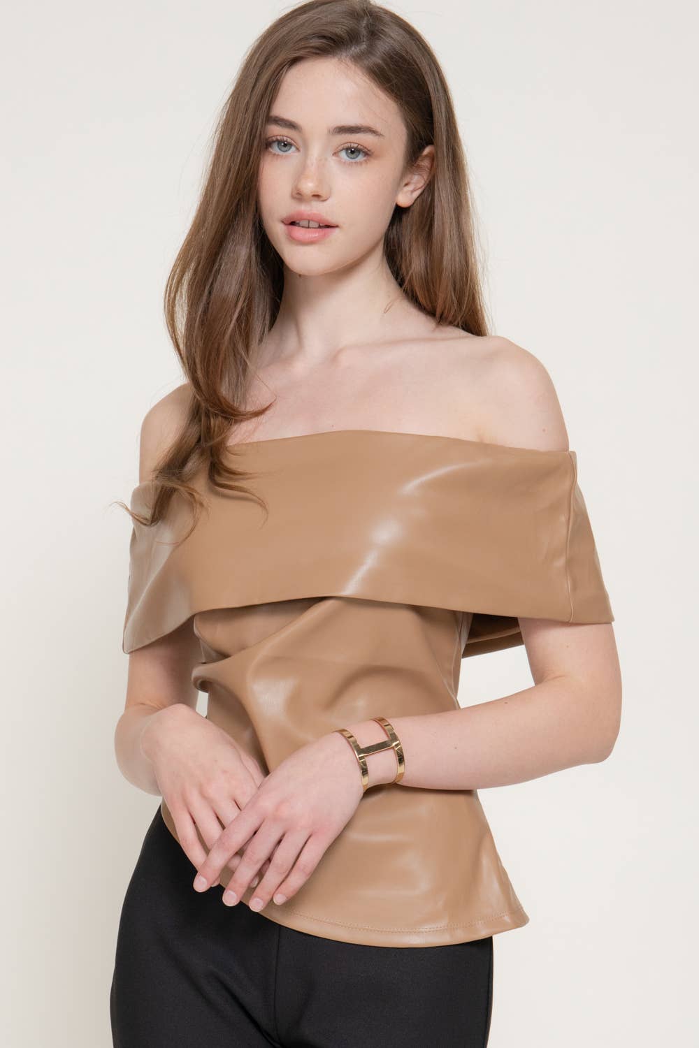 Off The Shoulder Faux Leather Top with Asymmetric Hem