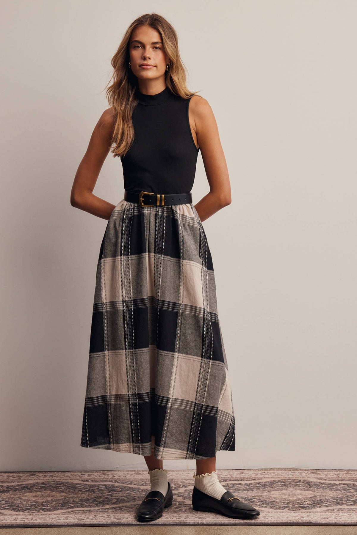 Mock Neck Mixed Media Plaid Midi Dress