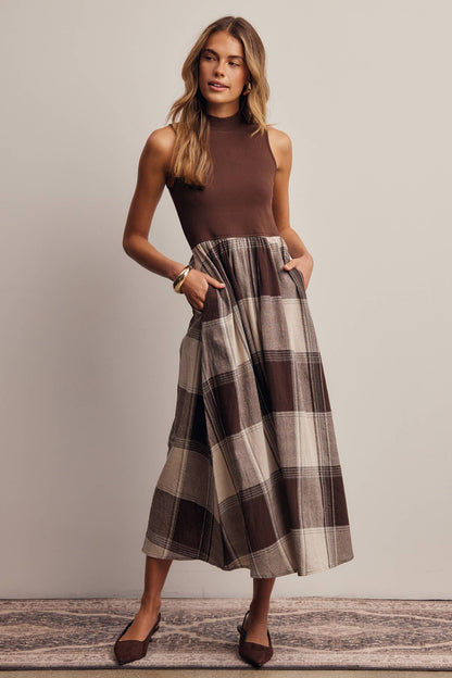 Mock Neck Mixed Media Plaid Midi Dress