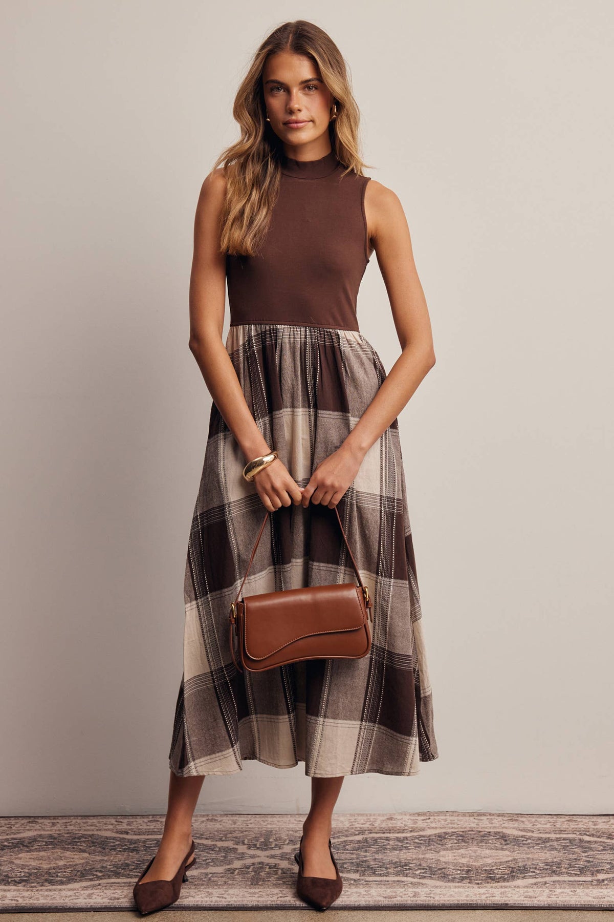 Mock Neck Mixed Media Plaid Midi Dress