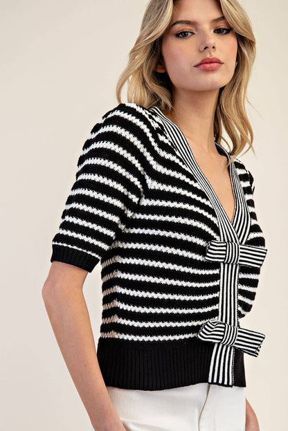 STRIPED V NECK KNIT CARDIGAN
