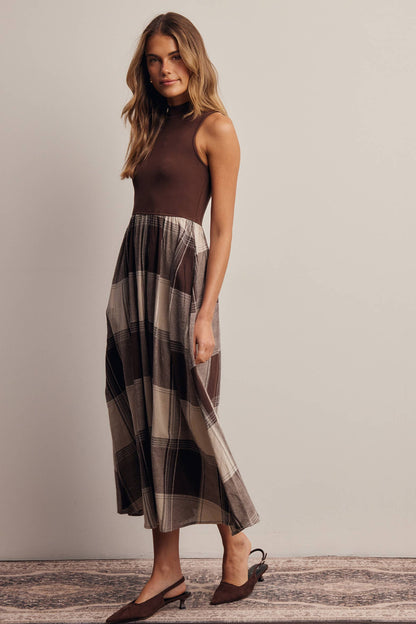 Mock Neck Mixed Media Plaid Midi Dress