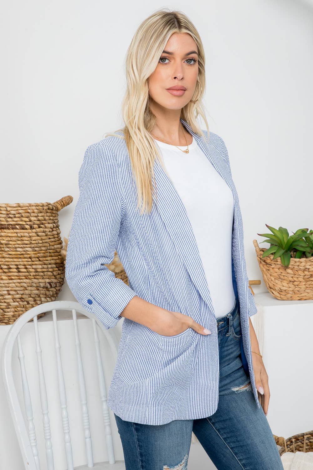 Seersucker Stripe Open Front Blazer