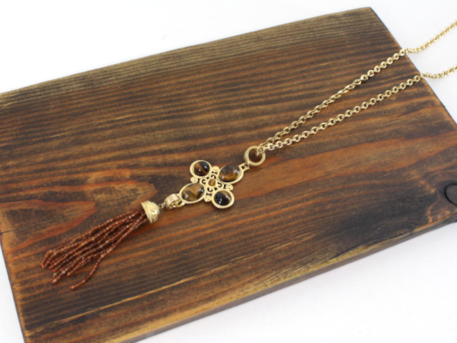 N25260 Stone Pendant Beaded Tassel Stainless Steel Necklace
