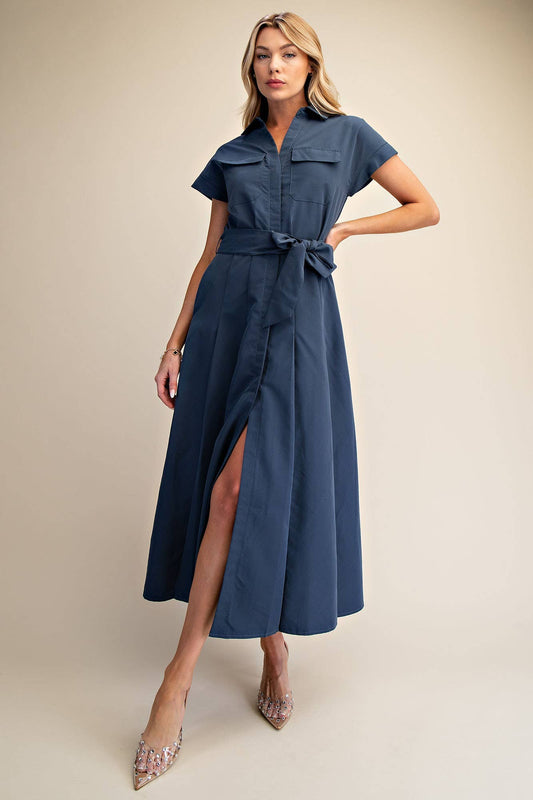 Collar V-neck Front Pocket Button Down Midi Dress