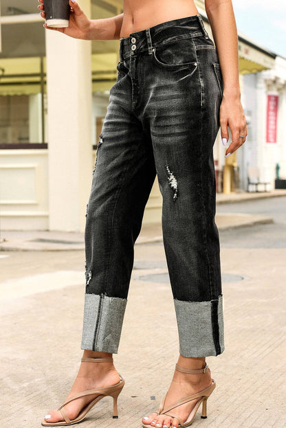 High Waist Distressed Straight Leg Jeans