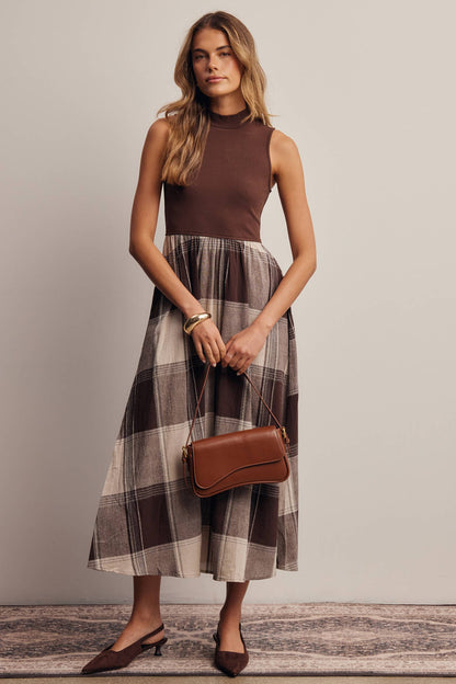 Mock Neck Mixed Media Plaid Midi Dress