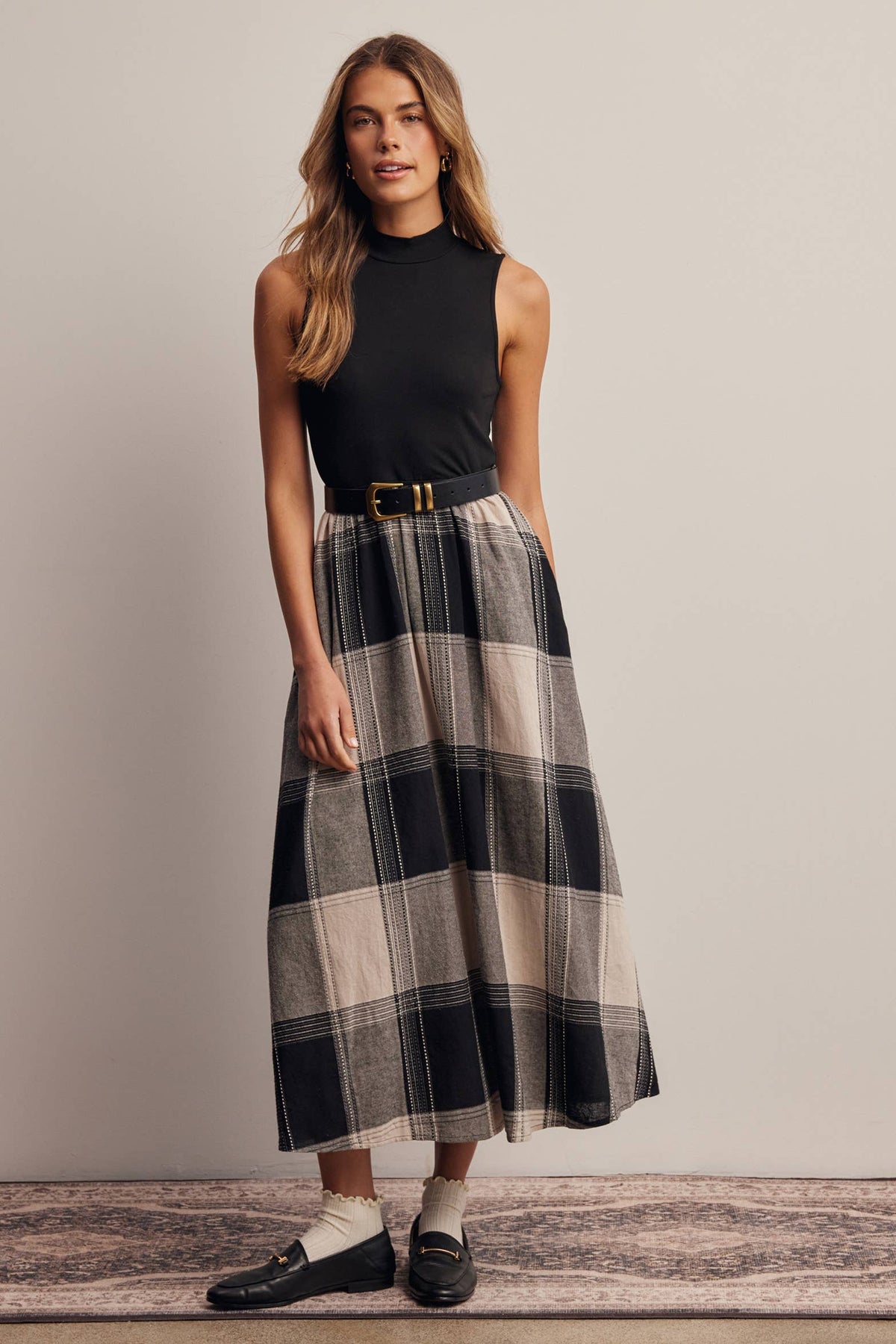 Mock Neck Mixed Media Plaid Midi Dress