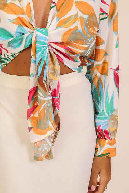 Tropical Print Tie-Front Blouse