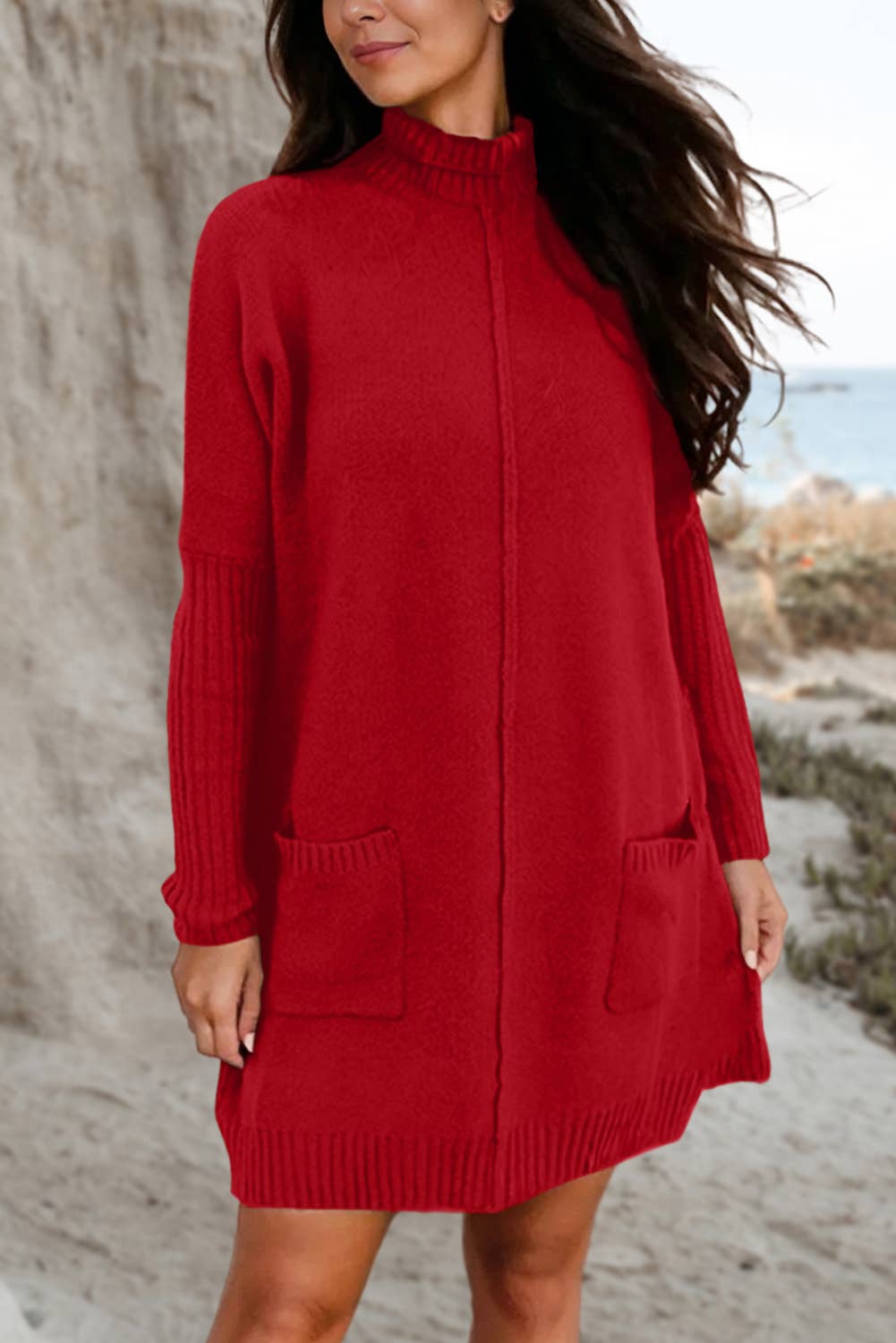 Ribbed High Neck Pockets Center Seam Sweater Dress | S-XL