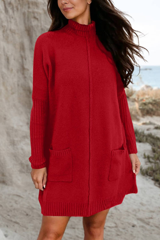 Ribbed High Neck Pockets Center Seam Sweater Dress | S-XL