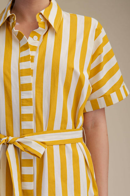 Collar Neck Button-Up Shirts Waist Tie Mini Dress