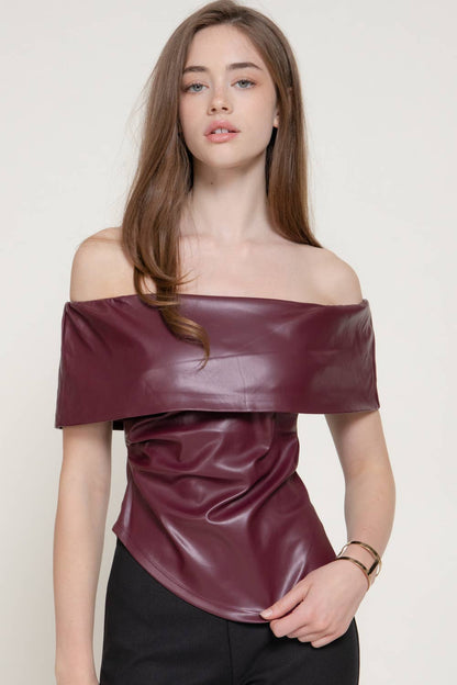 Off The Shoulder Faux Leather Top with Asymmetric Hem