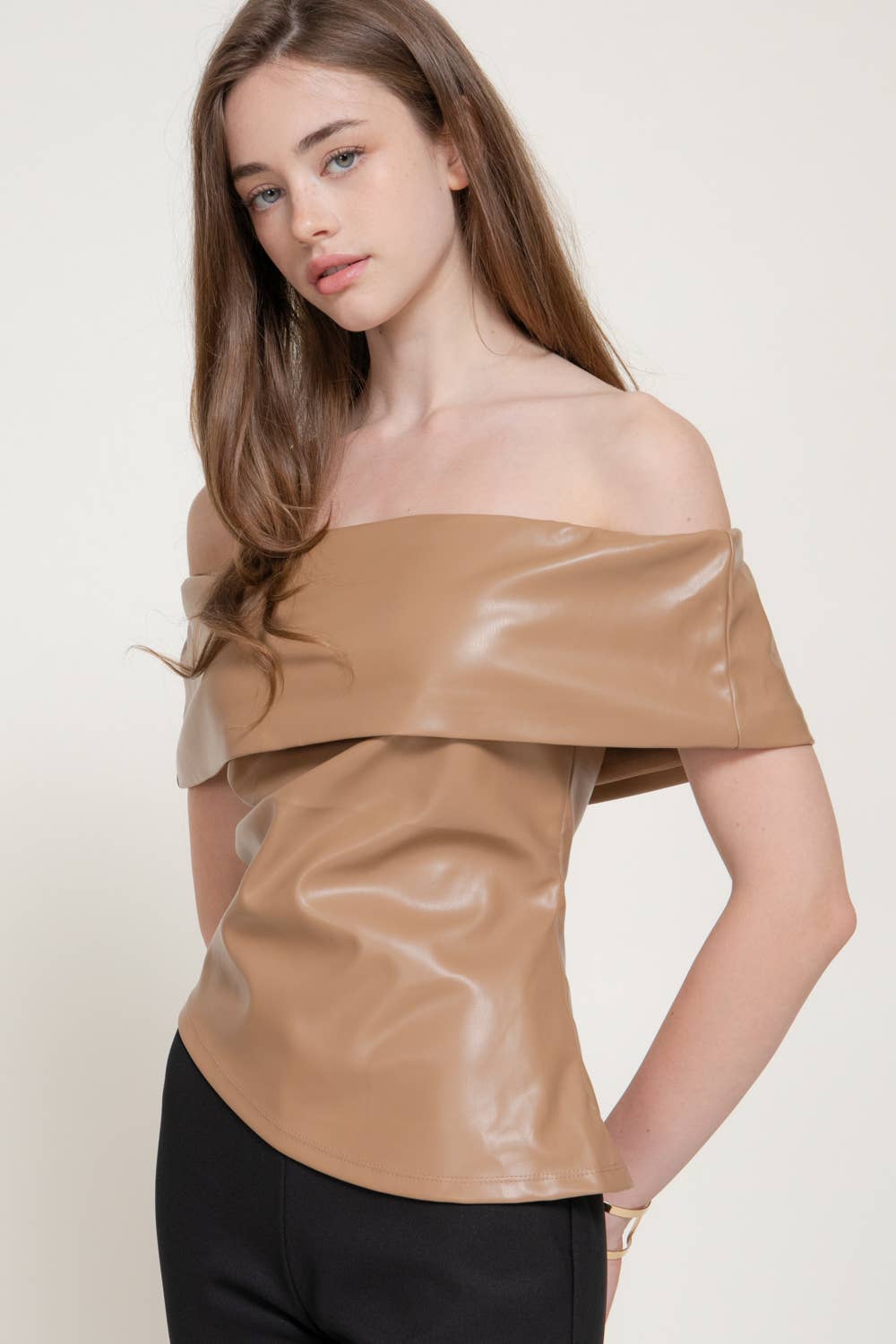 Off The Shoulder Faux Leather Top with Asymmetric Hem