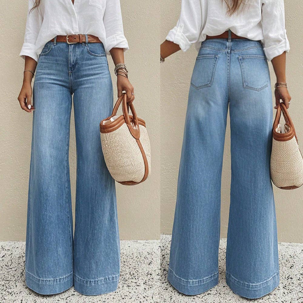 Blue Vintage Washed Wide Leg High Waist Denim Pants