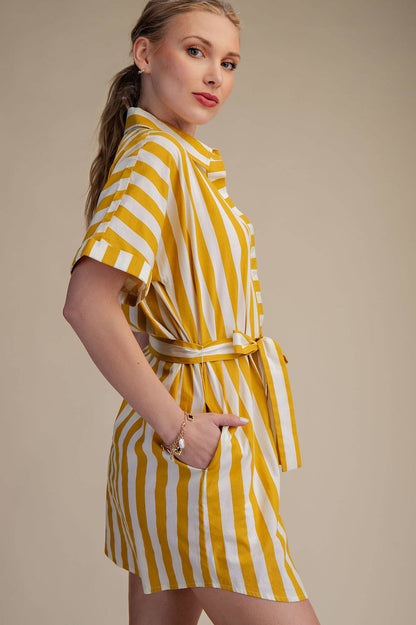 Collar Neck Button-Up Shirts Waist Tie Mini Dress