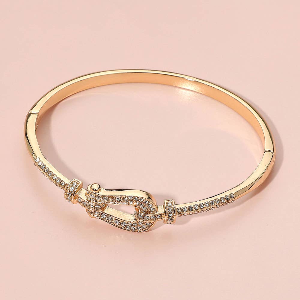 Stone Paved Buckle Accent Hinged Bangle Bracelet
