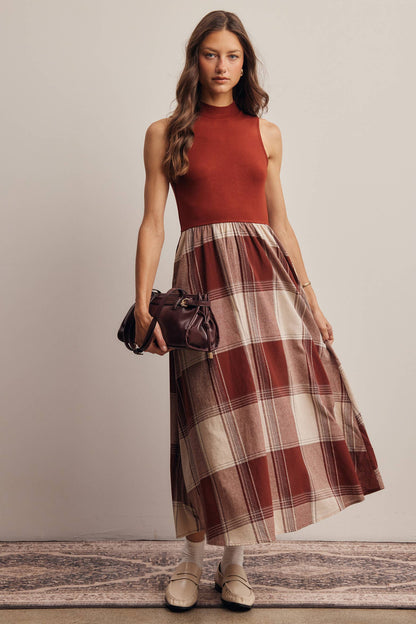 Mock Neck Mixed Media Plaid Midi Dress