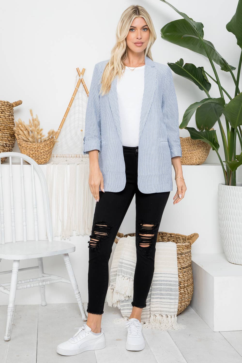 Seersucker Stripe Open Front Blazer