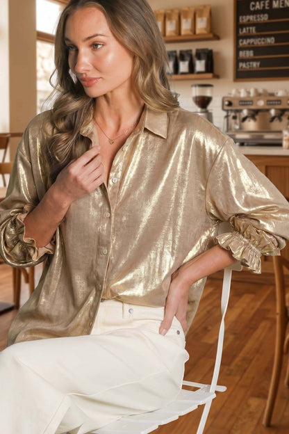 Ruffled Cuffs Accent Button-Up Collared Shirt Top