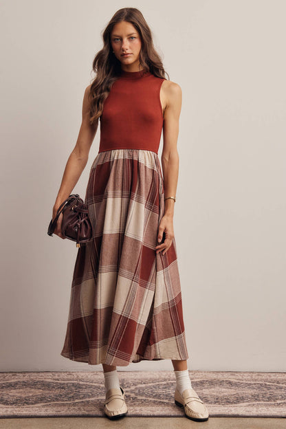 Mock Neck Mixed Media Plaid Midi Dress