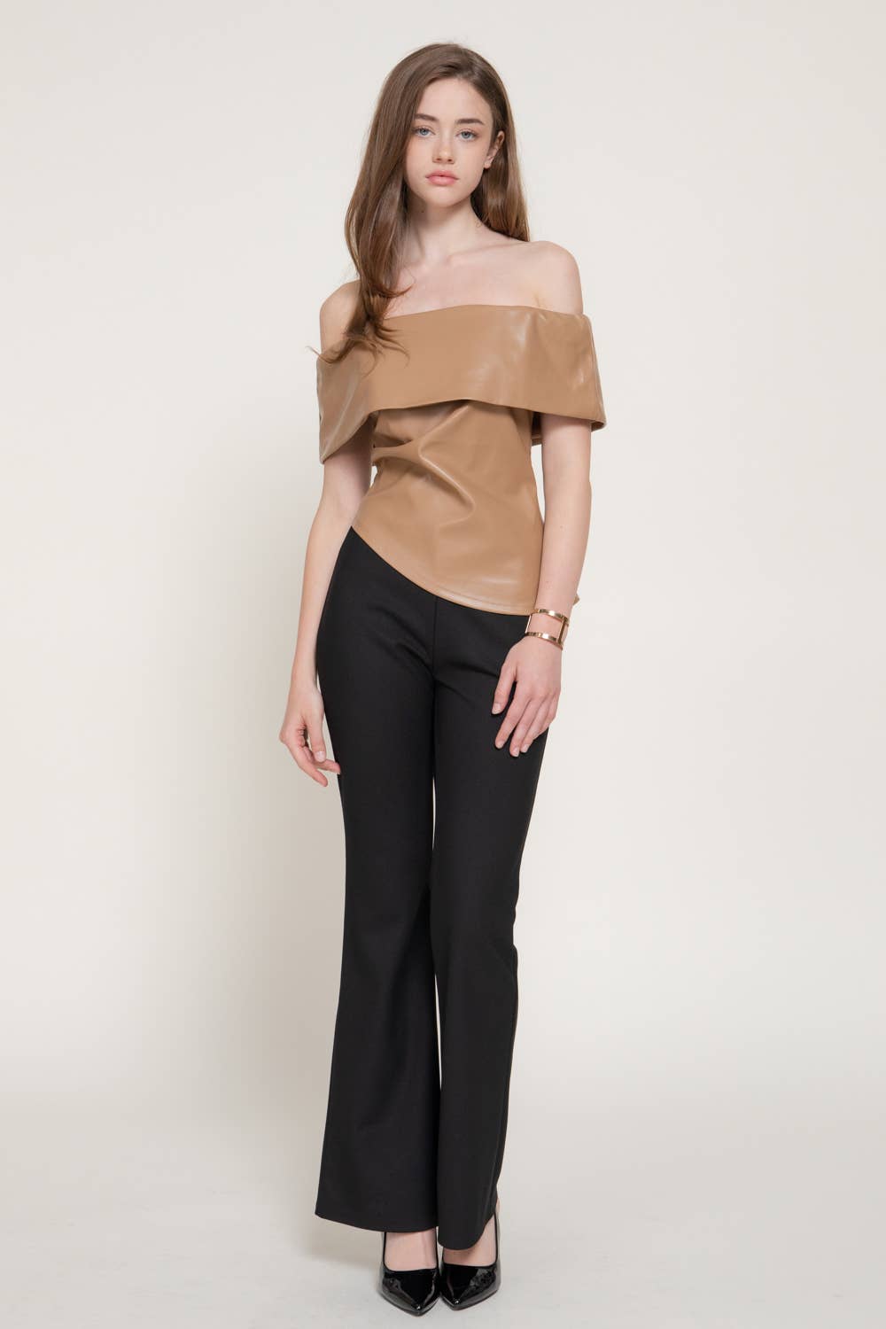 Off The Shoulder Faux Leather Top with Asymmetric Hem