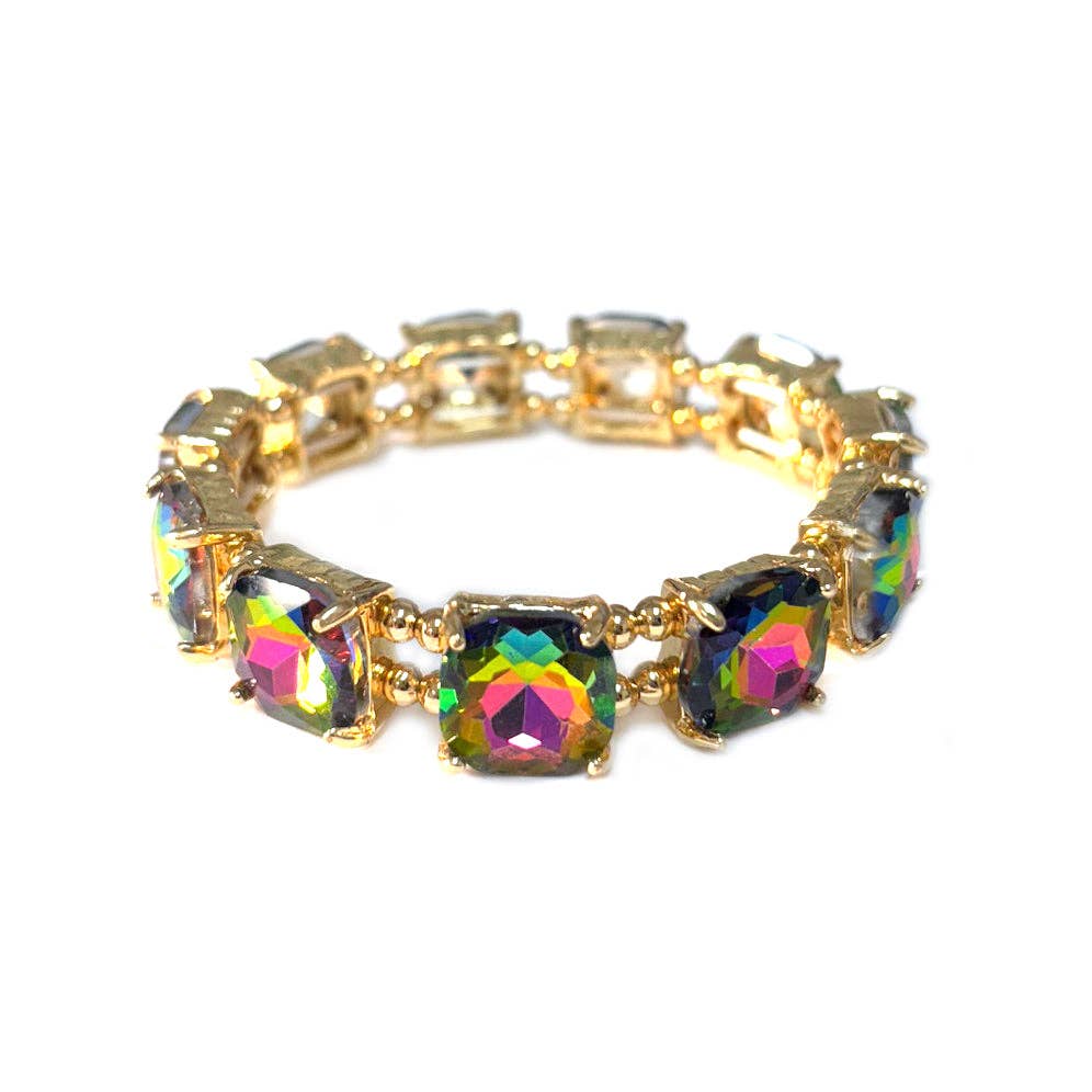 Dark Multi Crystal Square and Gold Stretch Bracelet