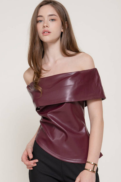 Off The Shoulder Faux Leather Top with Asymmetric Hem
