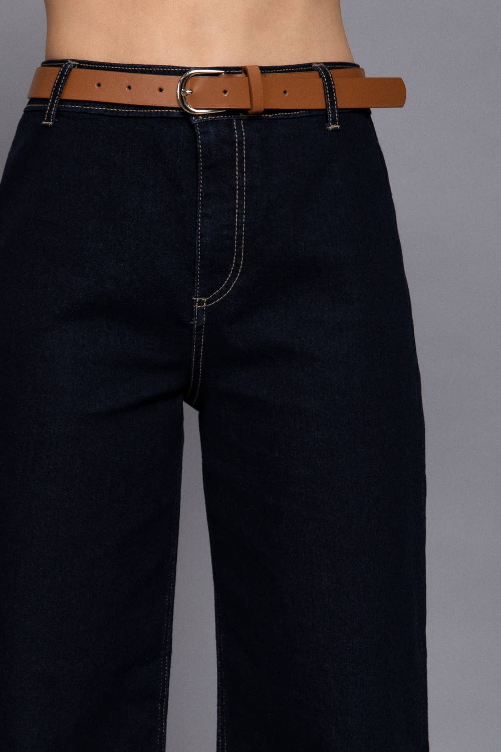 Belted Relaxed Leg Stretch Denim Pants