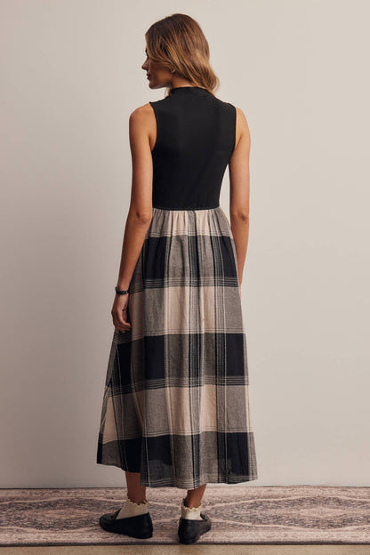 Mock Neck Mixed Media Plaid Midi Dress