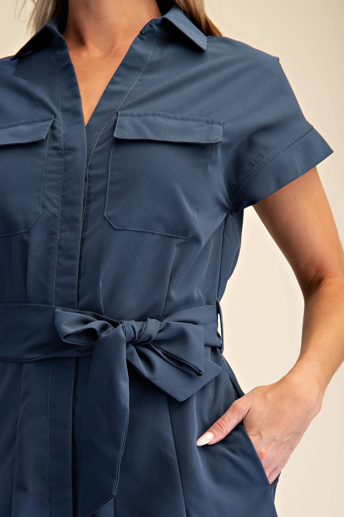 Collar V-neck Front Pocket Button Down Midi Dress