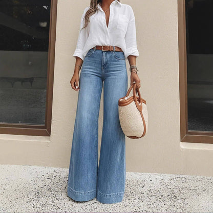 Blue Vintage Washed Wide Leg High Waist Denim Pants