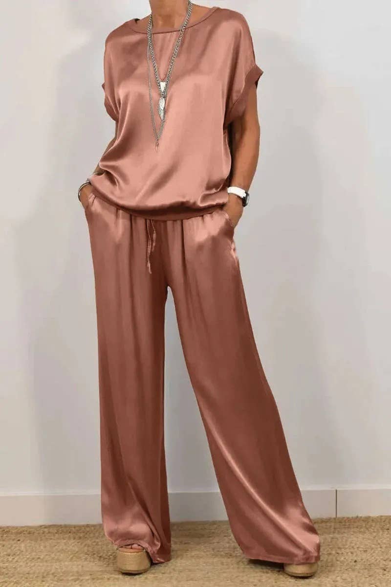 Kashi Comfy Luxurious Satin Top Wide-Leg Pants Set