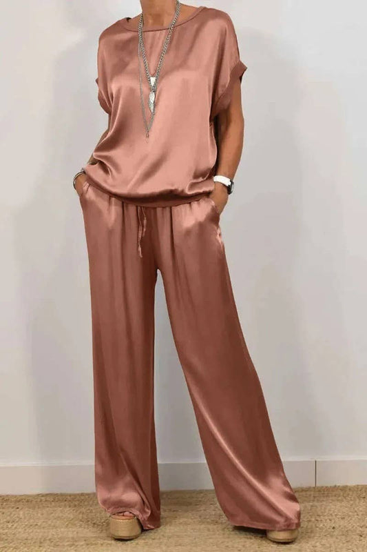 Kashi Comfy Luxurious Satin Top Wide-Leg Pants Set