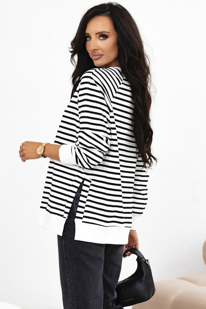 Stripe Raglan Sleeve Side Slits Loose Sweatshirt