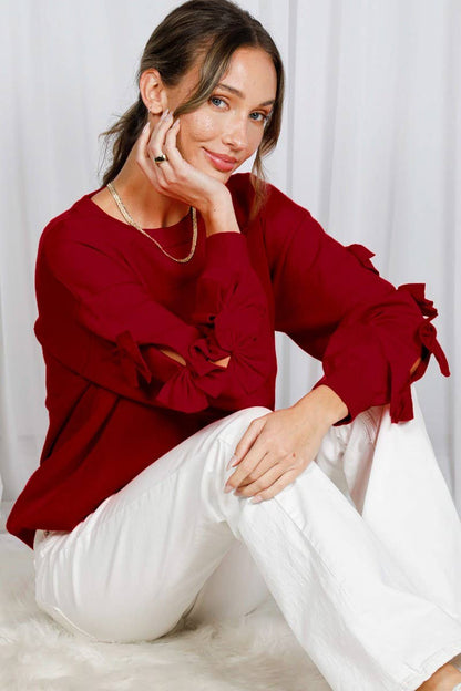 Bow Embellished Long-Sleeve Crew Neck Knit Sweater