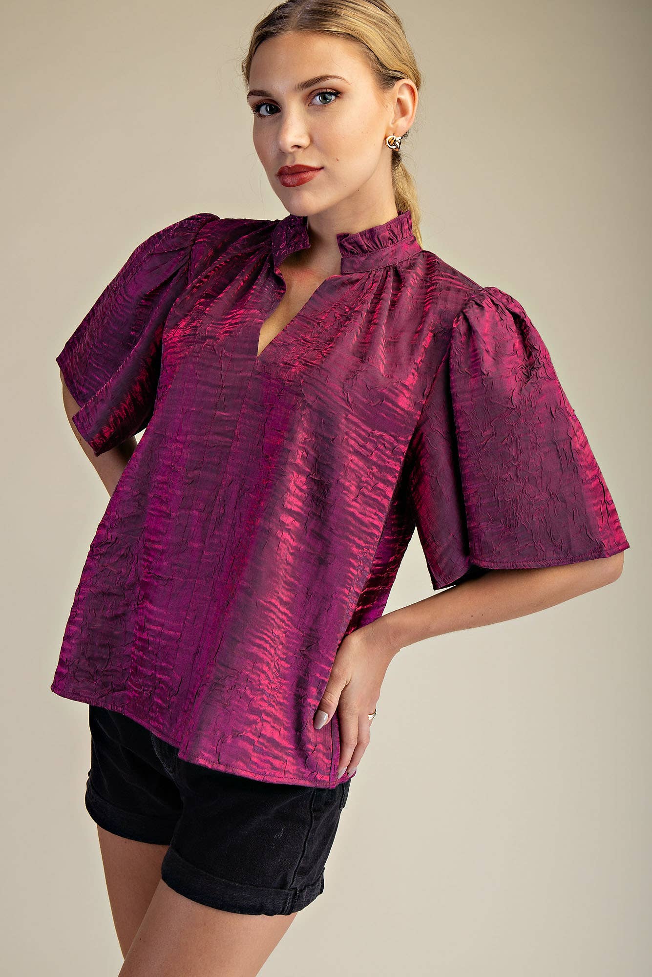 Zandria V-Neckline Short Flutter Sleeves Top