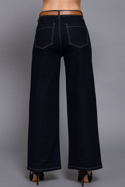 Belted Relaxed Leg Stretch Denim Pants