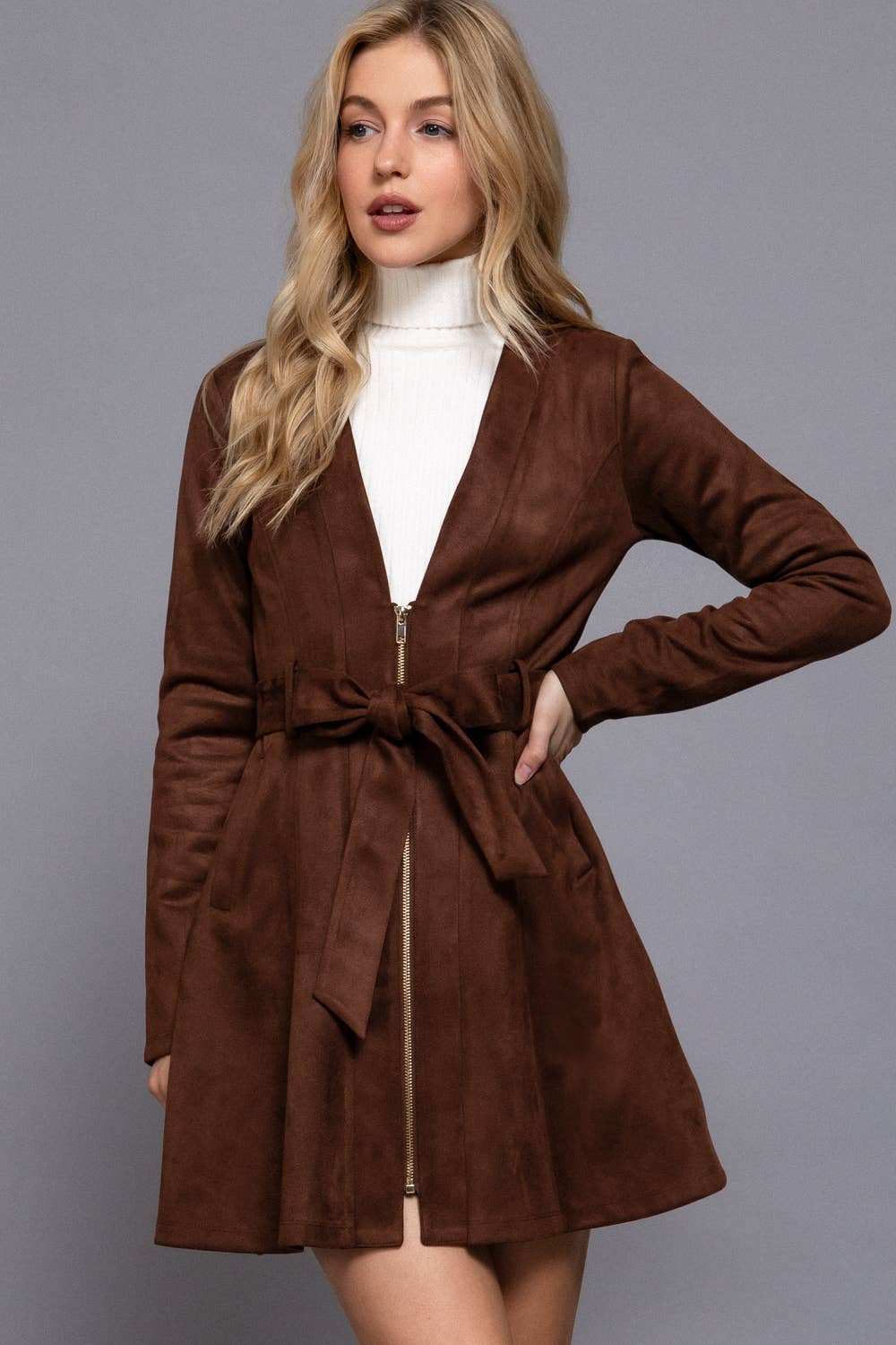 Briah V-Neck Zip-Up Belted Faux Suede Dress Jacket