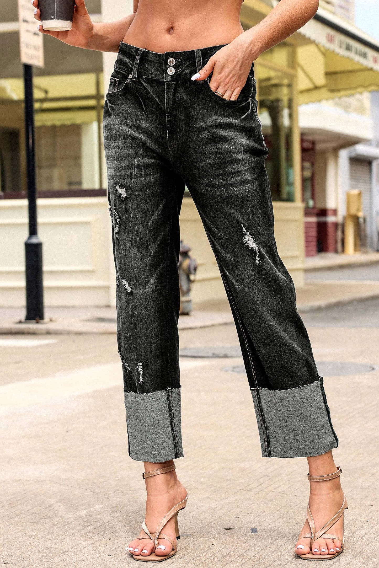 High Waist Distressed Straight Leg Jeans
