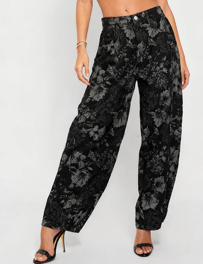Ladies Vintage Denim Pants Floral Print Barrel Pants
