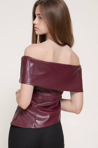 Off The Shoulder Faux Leather Top with Asymmetric Hem